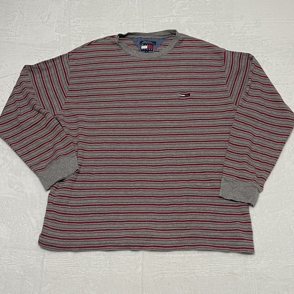 Vintage 2000's Y2K Tommy Hilfiger Men's Striped Cotton Crew Neck Sweater Large
